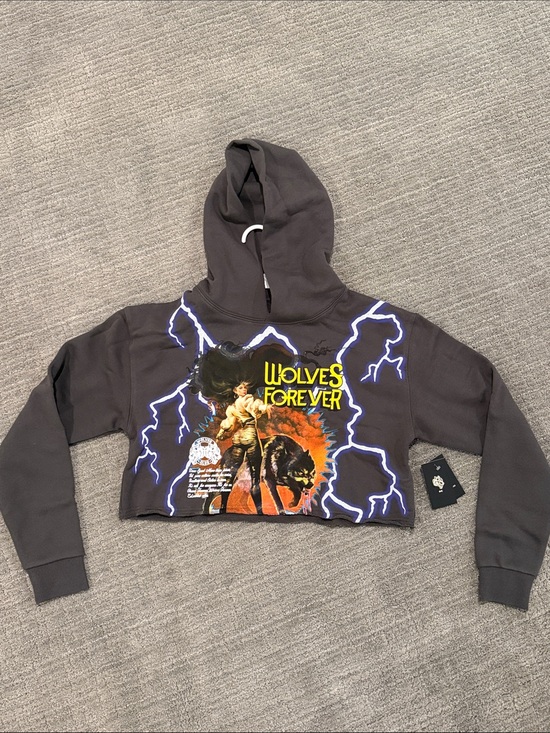 Darc Sport Tops - Darc Sport Cropped Wolves Forever Hoodie - Dark Gray with Purple Lightning